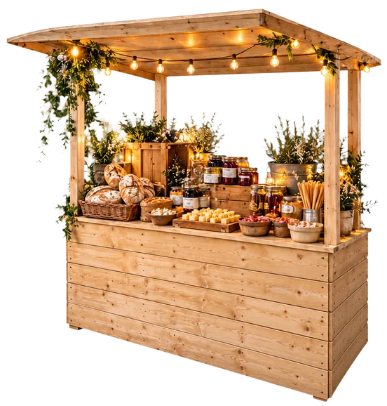 Wooden market stall with lights, bread, cheese and jars of delicacies